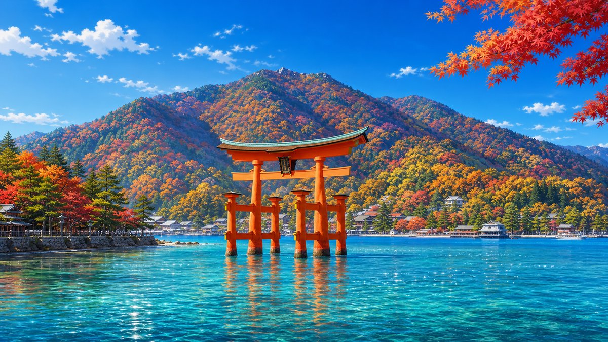 紅葉に彩られた秋の宮島・厳島神社の大鳥居