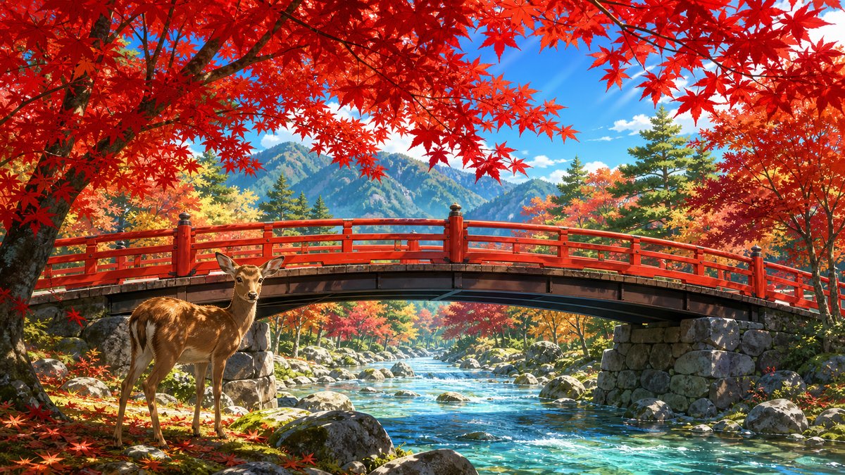 紅葉谷公園の紅葉橋と真っ赤なモミジ